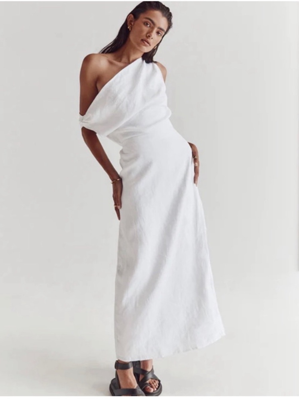 DISSH Cass Linen One-Shoulder White Maxi Dress
